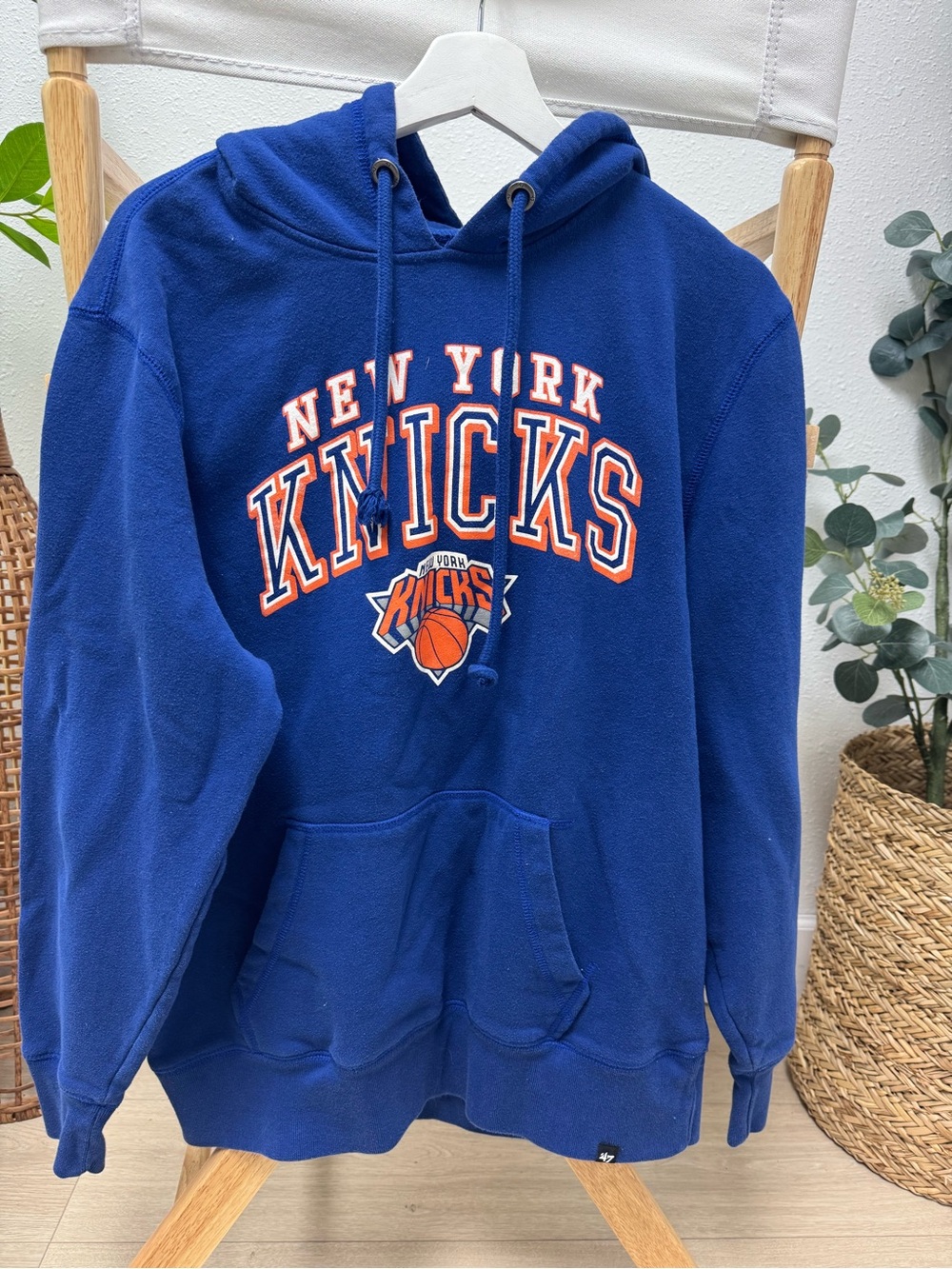 47 Brand New York Knicks Royal Blue Hoodie with Orange Lettering